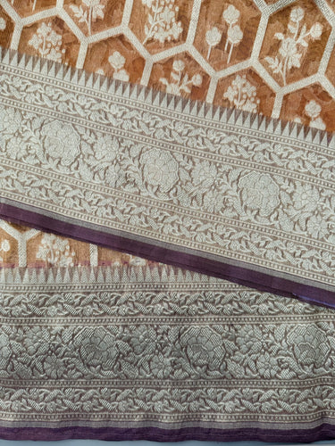 Organza Silk Sari from Banaras | Metallic Rust Orange | Gold Zari | Handwoven | Ships from California